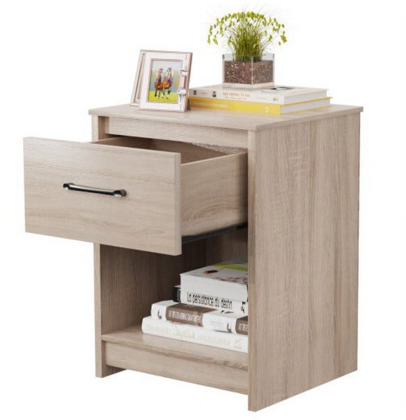 Wooden Nightstand with Drawer and Open Storage Compartment-Natural, fully assembled