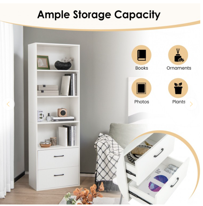6-Tier Tall Freestanding Bookshelf with 4 Open Shelves and 2 Drawers, fully assembled