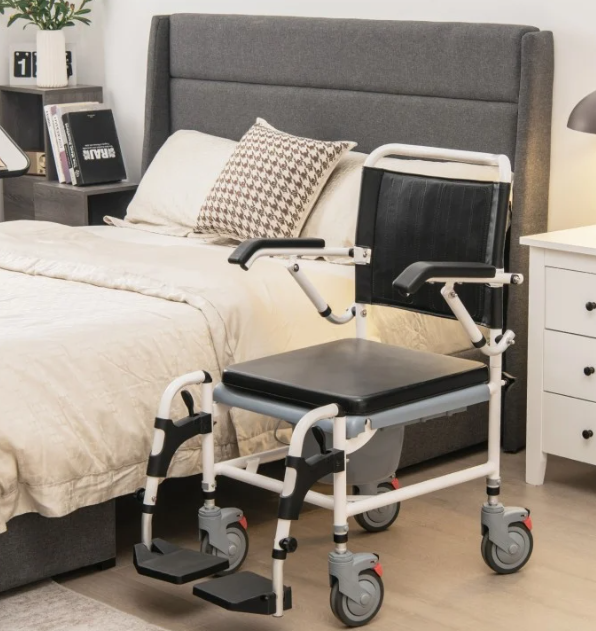 4-in-1 Bedside Commode Wheelchair with Detachable Bucket