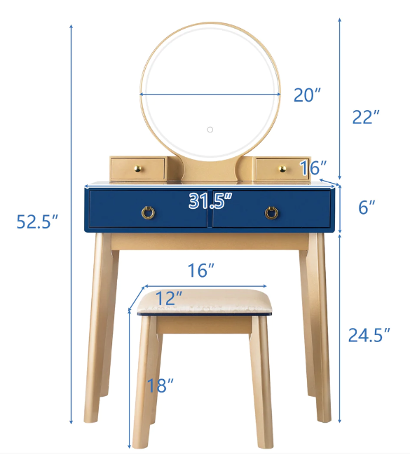Makeup Vanity Table & Chair Set 3 Color Lighting Dressing Table-Blue, small surface scratch