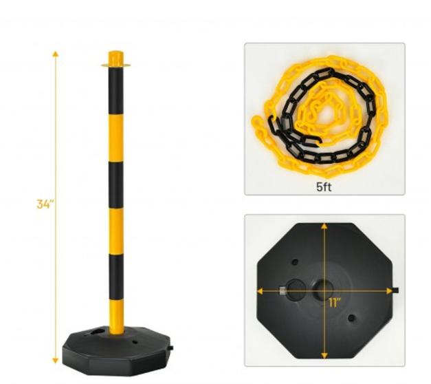 6 Pack 34" Traffic Delineator Poles With 5Ft Chains And Fillable Base-Yellow