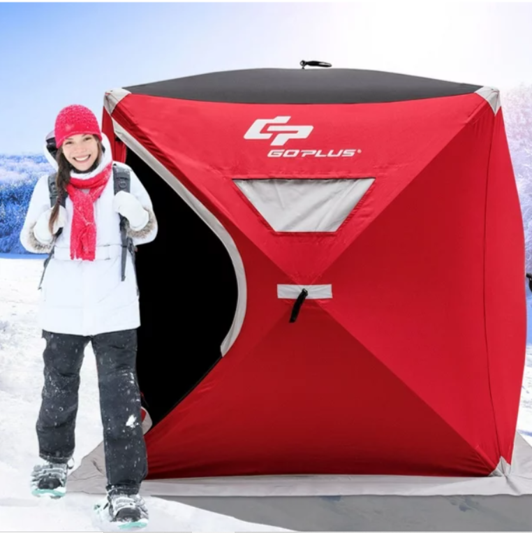 Portable Pop-up 4-person Ice Shelter Fishing Tent Shanty w/ Bag Ice Anchors Red