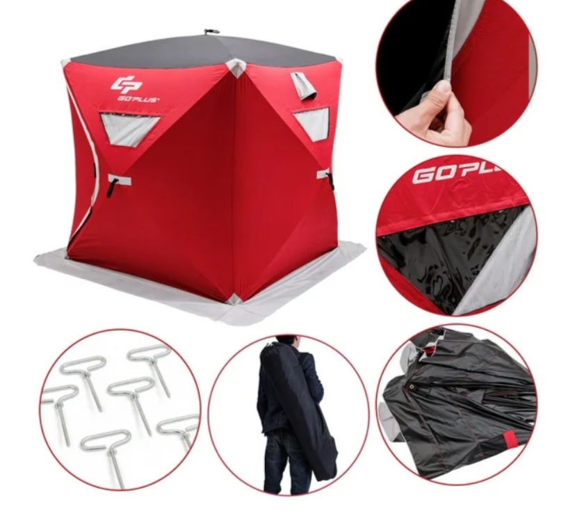 Portable Pop-up 4-person Ice Shelter Fishing Tent Shanty w/ Bag Ice Anchors Red