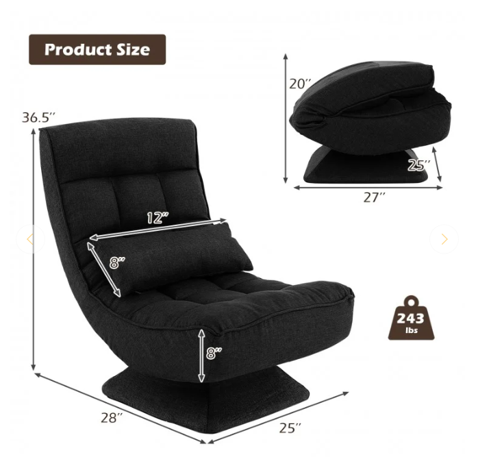 5-Level Adjustable 360° Swivel Floor Chair with Massage Pillow, black