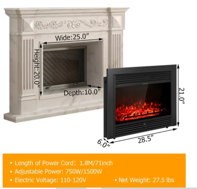 Freestanding  28.5" Fireplace Electric Heater Glass Log Flame (No Remote)