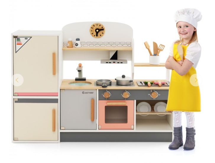 Kids Play Kitchen Set with Realistic Range Hood and Refrigerator, 1 box, unassembled