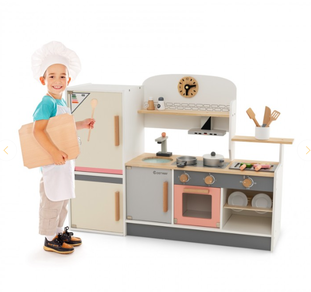 Kids Play Kitchen Set with Realistic Range Hood and Refrigerator, 1 box, unassembled