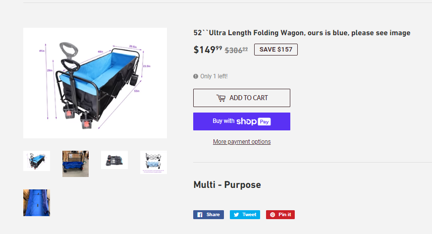 SPECIAL,  52`` Ultra Length Folding Wagon with wide beach wheels, blue