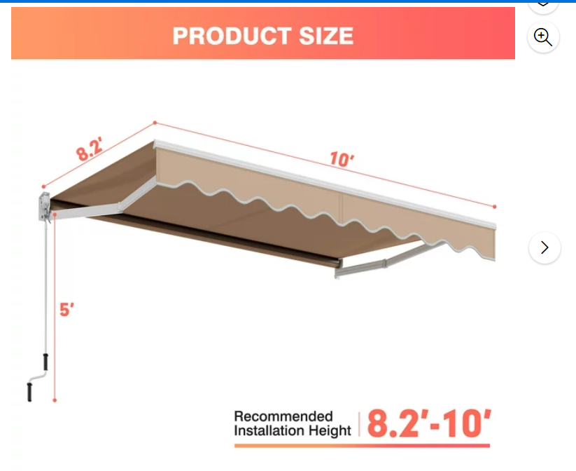 10 x 8.2 Feet Retractable Awning with Easy Opening Manual Crank Handle. 1 box