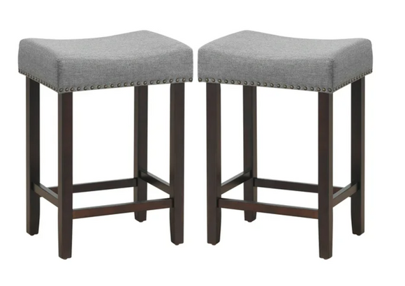 Set of 2 Tufted Saddle Bar Stools 24'' Height w/ Fabric Seat & Wood Legs, Gray