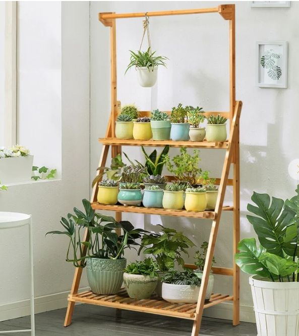 3 Tiers Bamboo Hanging Folding Plant Shelf Stand, fully assembled