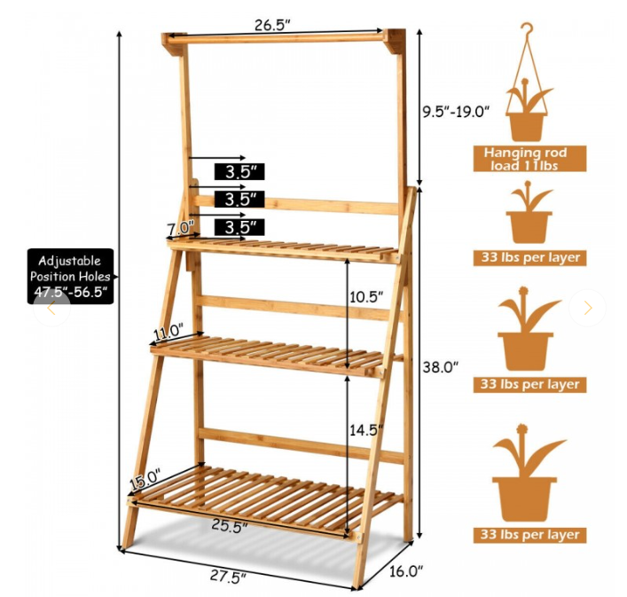 3 Tiers Bamboo Hanging Folding Plant Shelf Stand, fully assembled