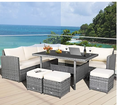 7 Pieces Outdoor Wicker Sectional Sofa Set with Dining Table, fully assembled