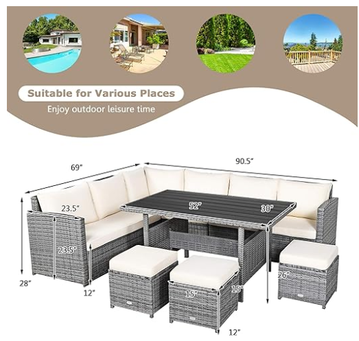 7 Pieces Outdoor Wicker Sectional Sofa Set with Dining Table, fully assembled