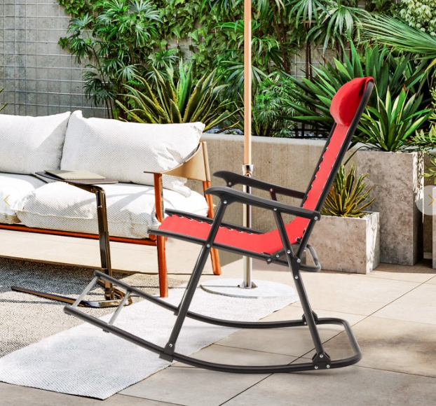 Metal Outdoor Rocking Chair Folding Rocker Footrest Lightweight Outdoor, Red