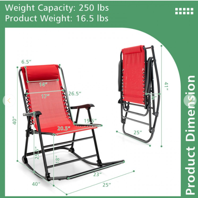 Metal Outdoor Rocking Chair Folding Rocker Footrest Lightweight Outdoor, Red