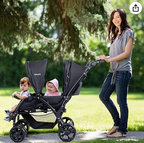 Double stroller, foldable, adjustable back rest, black, Fully Assembled