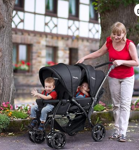 Double stroller, foldable, adjustable back rest, black, Fully Assembled