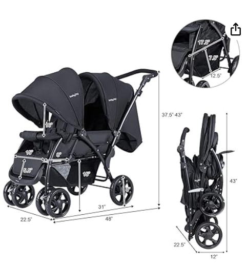 Double stroller, foldable, adjustable back rest, black, Fully Assembled