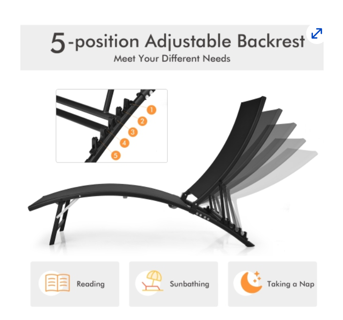 2 PCS SET,  Patio Folding Chaise Lounge, adjustable Stackable,  Black