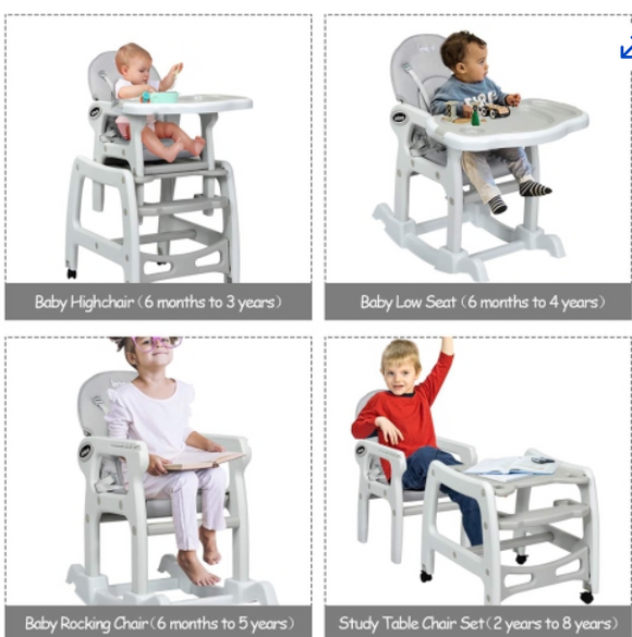 3 in 1 Baby High Chair w/ Adjustable Seat Back and Removable Trays Beige\Grey