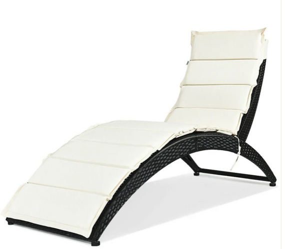 Folding Patio Rattan Portable Lounge Chair Chaise with Cushion-Beige, assembled