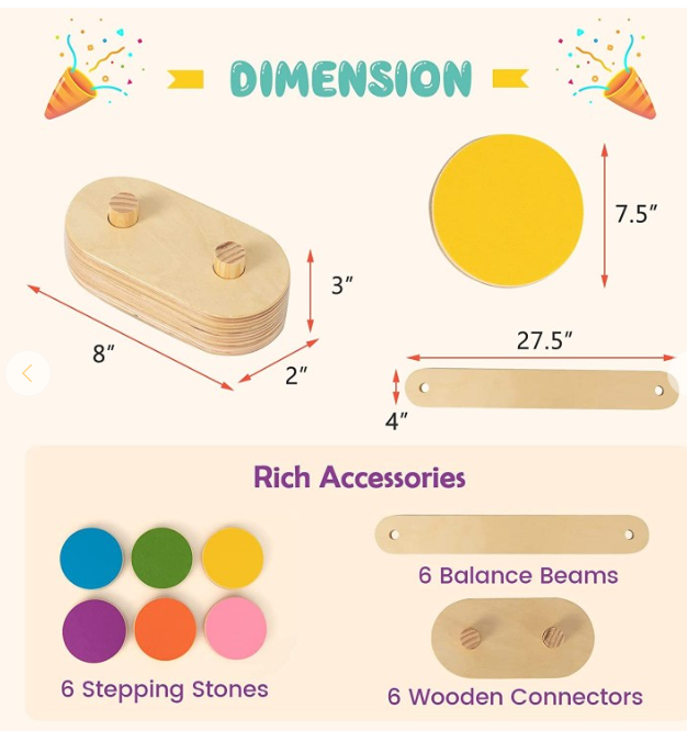 12-Piece Kids Wooden Balance Beam with Colorful Steeping Stones