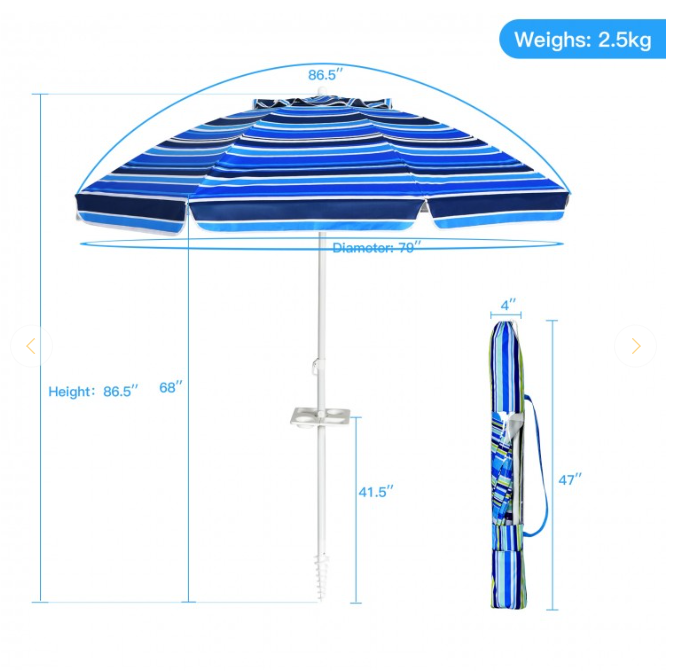 7.2 Feet Portable Outdoor Beach Umbrella with Sand Anchor and Tilt Mechanism