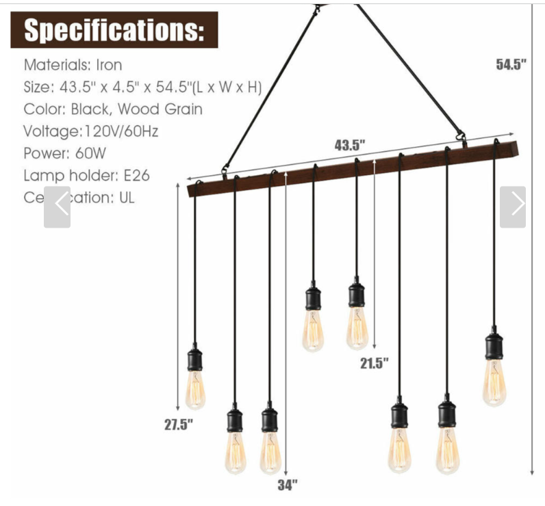 8-Light Industrial Pendant Light Wood Hanging Chandelier