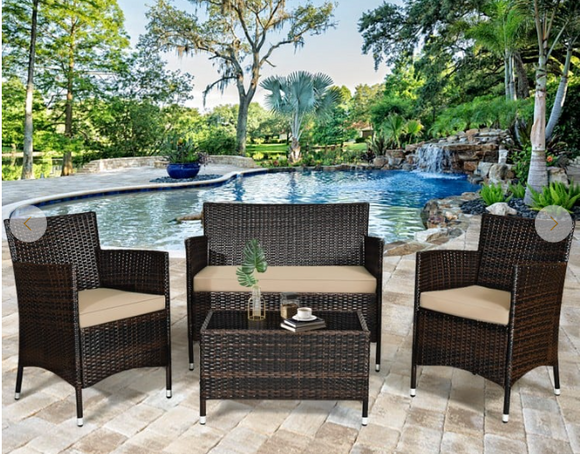 4 Pieces Comfortable Rattan Outdoor Furniture Set, Beige Cushions - ASSEMBLED