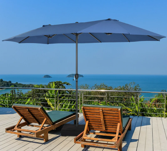 15FT Double-Sided Twin Patio Umbrella Outdoor Market W/ Crank & Base, Blue