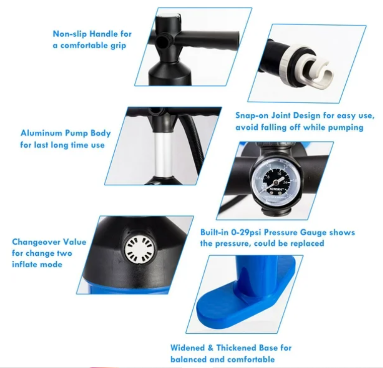 Paddle Board Hand Pump Max 29 PSI Double Action Manual inflation w/ Gauge