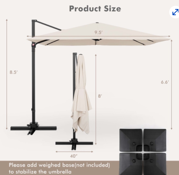 9.5FT Square Cantilever Offset Hanging Umbrella 2-Tier 360° Outdoor Beige, weight base not included