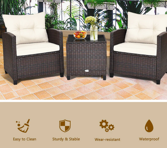 3 Pieces Patio Rattan Furniture Set with Cushion, Fully Assembled