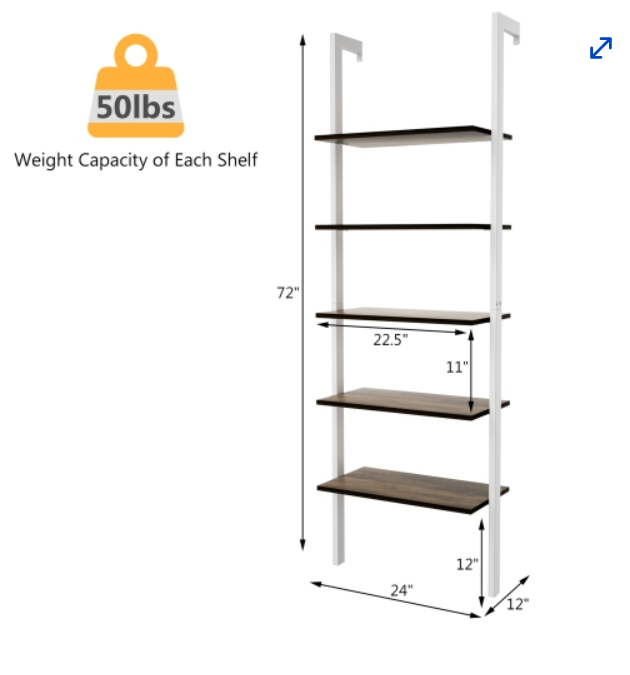 5-Tier Ladder Shelf Wood Wall Mounted Display Bookshelf Metal Frame Brown & White. fully assembled (Copy)