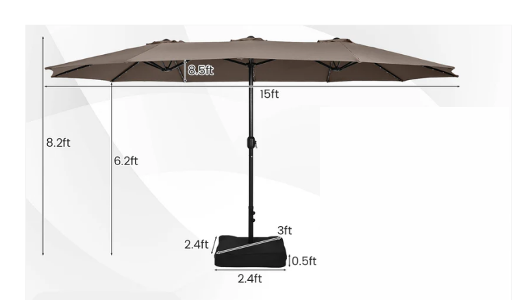 15 ft Patio Umbrella, with base, lights, and sandbags, Tan, table not included
