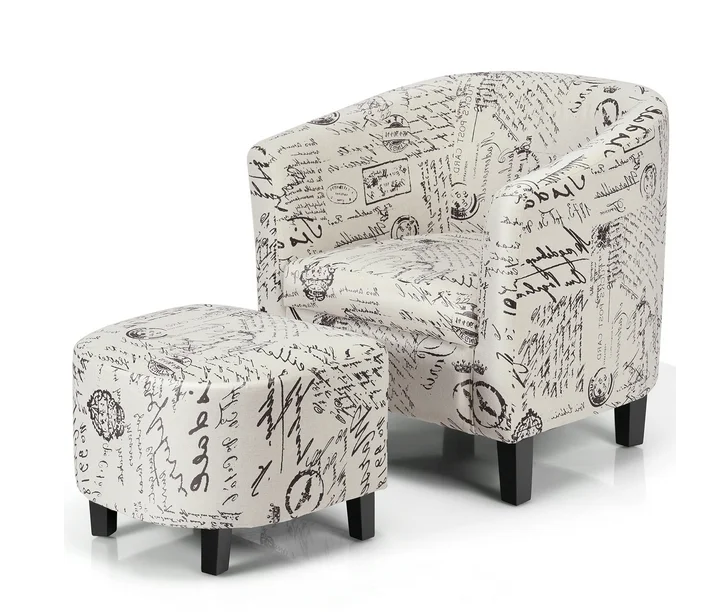 Barrel Modern Accent Tub Upholstered Chair  w/ Ottoman
