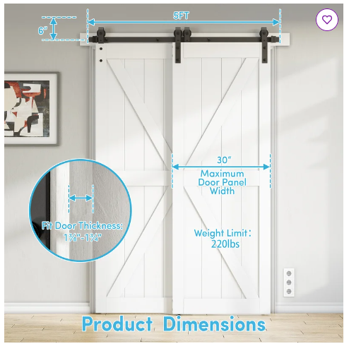 60" Bypass Double Door Sliding Barn Door Hardware Kit (Not Include Door) - 1 Box
