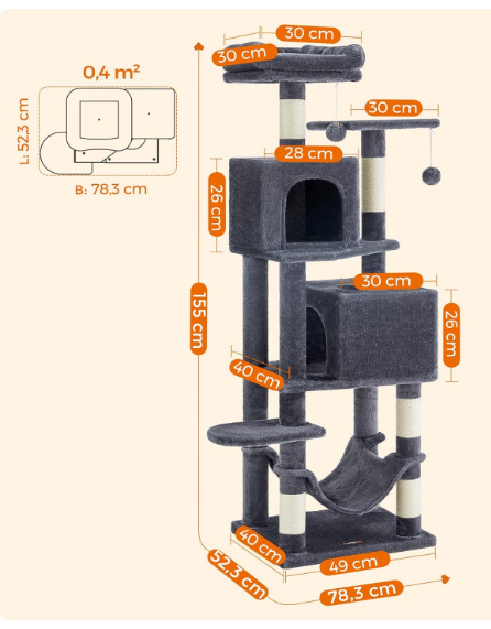 Fully Assembled,  Cat Condo, cat  tree, 61-Inch Cat Tower with 5 Scratching Posts, 2 Perches, 2 Caves, Hammock, 2 Pompoms, Beige