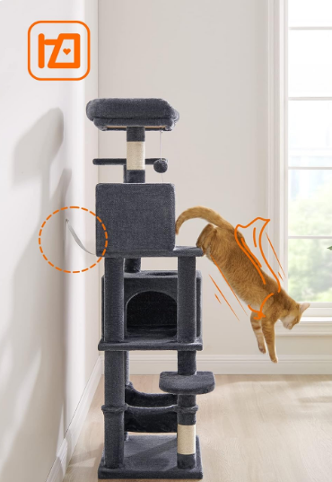 Fully Assembled,  Cat Condo, cat  tree, 61-Inch Cat Tower with 5 Scratching Posts, 2 Perches, 2 Caves, Hammock, 2 Pompoms, Light Gray UPCT192W01