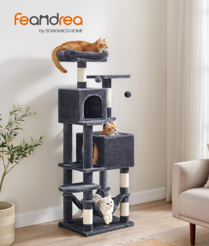 Fully Assembled,  Cat Condo, cat  tree, 61-Inch Cat Tower with 5 Scratching Posts, 2 Perches, 2 Caves, Hammock, 2 Pompoms, Beige