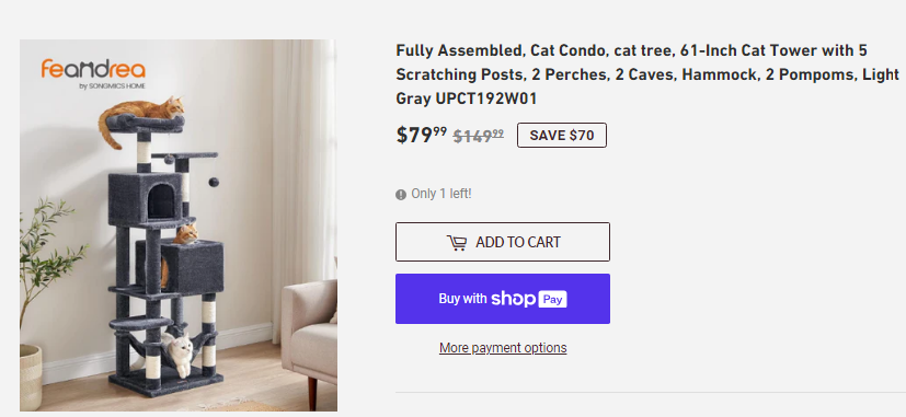Fully Assembled,  Cat Condo, cat  tree, 61-Inch Cat Tower with 5 Scratching Posts, 2 Perches, 2 Caves, Hammock, 2 Pompoms, Beige