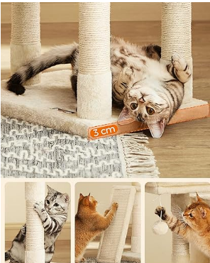 Fully Assembled,  Cat Condo, cat  tree, 61-Inch Cat Tower with 5 Scratching Posts, 2 Perches, 2 Caves, Hammock, 2 Pompoms, Beige