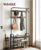 4-in-1 Coat Rack with Shoe Bench and 9 Removable Hooks Rustic Brown and Black