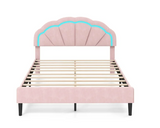 Queen Size Upholstered LED Bed Frame Soft Velvet Platform Bed with Flower Headboard