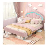 Queen Size Upholstered LED Bed Frame Soft Velvet Platform Bed with Flower Headboard