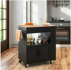 Kitchen Island Cart Rolling Storage Cabinet w/ Drawer & 2 Shelves - Black (Sightly Irregular)