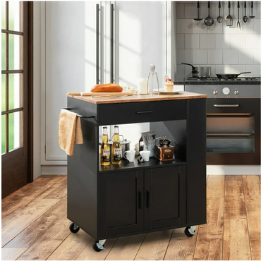 Kitchen Island Cart Rolling Storage Cabinet w/ Drawer & 2 Shelves - Black (Sightly Irregular)