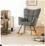 Linen Nursery Rocking Chair with High Backrest and Padded Armrests