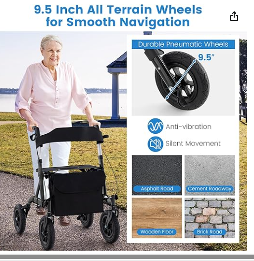 NO TAX, Height Adjustable Rollator Walker Foldable Rolling Walker with Seat for Seniors-Black